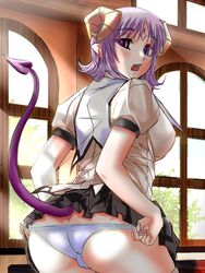 ass blush demon_girl demon_horns demon_tail horns kenjuurou lyra_(magical_witch_academy) magical_witch_academy monster_girl panties pointy_ears purple_eyes purple_hair school_uniform solo succubus tail underwear