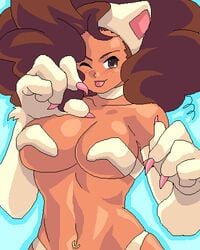 :p breasts brown_eyes brown_hair cosplay dark_skin darkstalkers felicia_(darkstalkers)_(cosplay) hmisao large_breasts lowres mary_(pop'n_music) medium_breasts navel_piercing pop'n_music tongue wink