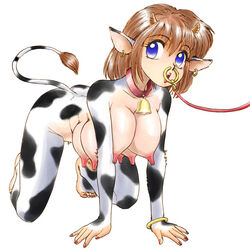 animal_ears artist_request bell blue_eyes breasts collar cow_accoutrements cow_girl cowbell horns hucow large_breasts large_nipples leash moo_bitch multi_breast nose_ring tail treated_like_a_cow