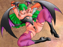 1girls armpit_hair breasts censored clothing darkstalkers female female_armpit_hair female_only large_breasts morrigan_aensland nipples orange_brand pubic_hair pussy small_breasts solo succubus tachikawa_mikandou_honpo torn_clothes wings