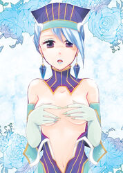 bare_shoulders blue_eyes blue_hair blue_rose blush breasts covering covering_breasts earrings elbow_gloves eyelashes female fingernails fingernails_over_gloves gloves hat jewelry karina_lyle kiritetu lipstick makeup short_hair solo superhero tiger_and_bunny