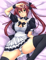 1girls aqua_eyes black_legwear blush breasts cleavage cum cum_on_body cum_on_upper_body female frills kuimono large_breasts long_hair lying maid maid_headdress on_back panties pantyshot pantyshot_(lying) queen's_blade red_hair smile solo spread_legs thighhighs tied_hair twintails underwear white_panties