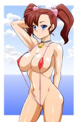 bakusou_kyoudai_let's_and_go blush erect_nipples hokuto_(tokuho) ocean oogami_marina pointy_chin sea sling_bikini swimsuit tied_hair twintails