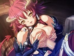 blush breasts censored cute_fang demon_girl demon_horns demon_tail fangs female gloves horns kyonyuu_fantasy large_breasts male naughty_face nipples open_mouth paizuri penis pointy_ears red_hair shamsiel shamsiel_shahar shamujerushaharu straight succubus sweat tail waffle