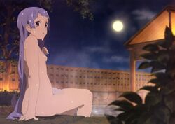 blue_hair breasts female hot_spring kannagi long_hair moon nagi night nipples nude nude_filter onsen photoshop sitting small_breasts solo undressing water wet