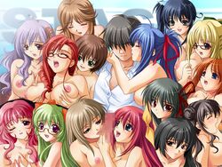 15girls 1boy 6+girls artist_request bisexual black_hair blonde_hair blue_eyes blue_hair blush breast_grab breasts brown_eyes brown_hair censored character_request female glasses green_eyes green_hair harem large_breasts male mbs_truth multiple_girls nakadashi_igai_wa_kousoku_ihan nipples penis pink_eyes pink_hair red_eyes red_hair smile source_request straight wink yuri