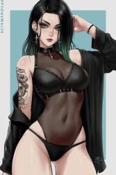 1girls april_(sciamano240) belly_button big_breasts black_choker black_hair black_lingerie brown_hair choker cross earrings female female_only goth goth_girl hourglass_figure lingerie mirco_cabbia oc original original_character sciamano240 solo solo_female tattoo tattoo_on_arm tattooed_arm wide_hips