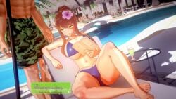 1boy 1girls 3d big_breasts doki_doki_literature_club flower_in_hair i_do_things_(thingsdoi) koikatsu looking_back mole_on_breast monika_(doki_doki_literature_club) muscular_male pool sfw swimsuit text