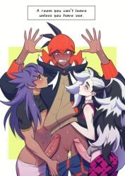 3boys allmylove4ray big_penis clothed clothing collar cuntboy dark-skinned_cuntboy dark-skinned_male dark_skin edit edited english_text erection game_freak gay gay_sex half-dressed human leon_(pokemon) light_skin male male_only mlm mostly_clothed nintendo penis piers_(pokemon) pokemon pokemon_ss pussy raihan_(pokemon) standing text translated trio trio_focus two_tone_hair yaoi