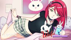 alt_girl big_breasts black_fingernails bracelets bunny_ornament checkered_skirt eyeliner fully_clothed german_female green_eyes hairband headphones ipod leonie_(waifu_uncovered) lying_on_bed pulling_off_legwear red_hair scene_girl shirt skirt socks solo solo_female spiked_choker spiked_collar tight_shirt waifu_uncovered