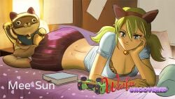 bangs bell_choker blonde_hair blue_eyes book cat_ears_hairband fully_clothed game_controller korean_female lace-trimmed_bra lying_on_bed medium_breasts mee-sun_(waifu_uncovered) plushie shirt skirt smirk soles solo solo_female tights twintails waifu_uncovered waving_cat