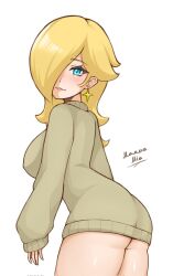 2d artist_signature ass_visible_through_clothes big_breasts blonde_hair blue_eyes blush cute fingers hair_over_one_eye jumper jumper_dress long_sleeves looking_at_viewer low-angle_view mamma_mia_(artist) mario_(series) nintendo princess_rosalina small_lips super_mario_galaxy sweater_dress