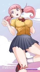 beads bowtie dress_shirt fully_clothed hair_ornament medium_breasts palinee_(waifu_uncovered) pink_eyes pink_hair red_fingernails school_uniform skirt sky smiling socks solo solo_female standing thai_female twintails waifu_uncovered