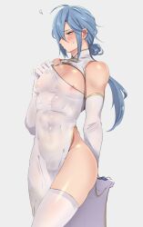 1boy abs asian_clothing blue_eyes blue_hair blush china_dress chinese_dress crossdressing dress edmond_(nu:_carnival) embarrassed erection erection_under_clothes erection_under_dress femboy feminine_male hiding_face long_hair male male_only nipples_visible_through_clothing niwa827 nu:_carnival see-through see-through_clothing solo stockings tied_hair toned toned_male transparent_clothing twink white_background white_dress white_outfit white_thighhighs