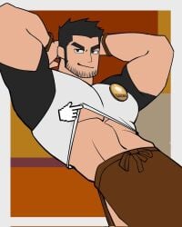 apron bara black_hair clothing cursor facial_hair hands_behind_head lucas_lee male male_only muscles muscular scott_pilgrim shirt_lift solo solo_male xinxianlaji