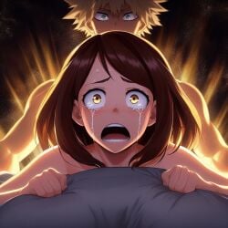 1boy 1girls 2d ai_generated bakugou_katsuki bed bing_image_creator crying_with_eyes_open female female_penetrated grabbing_sheets implied_anal implied_penetration implied_sex katsuki_bakugou looking_at_viewer male male/female my_hero_academia ochako_uraraka on_stomach open_mouth prone_bone rape self_upload sex sheet_grab somethingweird tears uraraka_ochako