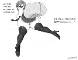 1girls anal anal_object_insertion anal_prolapse anus anus_focus ass ass_focus binibon123 boots english_text from_behind gloves helen_parr inflatable_buttplug long_gloves mask masked_female object_in_ass prolapse prone raft solo solo_female tagme the_incredibles thigh_boots