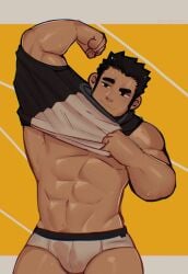 balls bara black_hair bulge facial_hair flexing ibarakidoujin_(artist) lucas_lee male male_only muscles muscular no_visible_genitalia partially_clothed penis scott_pilgrim shirt solo solo_male sweat sweating underwear