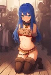 1girls ai_generated blue_eyes blue_hair boots bound caeda_(fire_emblem) chains collar elbow_gloves enslaved_royal eyelashes female female_focus fire_emblem fire_emblem:_mystery_of_the_emblem kneeling long_hair midriff nai_diffusion navel padlock restrained sign sign_around_neck slave small_breasts stable_diffusion sweat sweatdrop text thigh_boots