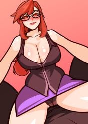 1boy aroused big_breasts cleavage cowgirl_position female glasses imminent_sex lorelei_(pokemon) mature_female pokemon pov red_hair