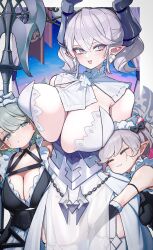 2girls :3 ariane_the_labrynth_servant arianna_the_labrynth_servant blush cleavage duel_monster female garter_straps hizake kashu_(hizake) labrynth_of_the_silver_castle lovely_labrynth_of_the_silver_castle pointy_ears skindentation thighhighs yu-gi-oh!