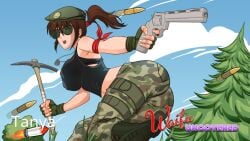 action_pose beret brown_hair bullet camo_pants clothing dog_tags female fingerless_gloves firearm fully_clothed green-tinted_eyewear gun handgun human medium_breasts military_clothing outside pale_skin pickaxe ponytail revolver rocket russian_girl solo solo_female sunglasses tank_top tanya_(waifu_uncovered) tinted_eyewear waifu_uncovered weapon