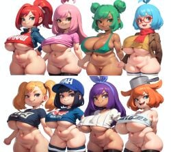 8girls ahoge ai_generated animal_crossing animal_crossing_girl arms_behind_back baseball_cap bikini black_hair blonde_hair blue_hair bottomless bra casual_exposure casual_nudity choker chubby clenched_hands coat collarbone creamballz curvaceous curvy dark-skinned_female dark_skin female female_only forastero_(style) freckles freckles_on_face glasses green_hair hairbow hands_on_hips jacket lineup long_hair looking_back medium_hair multiple_girls navel no_panties only_player open_jacket open_mouth orange_hair original pan pink_hair plump ponytail puffy_sleeves purple_hair pussy red_hair red_nose scarf short_hair short_sleeves shortstack sidelocks sleeveless sleeveless_shirt striped_legwear sweater thick_thighs thighhighs thighs twintails underboob villager_(animal_crossing) white_background wide_hips