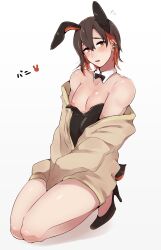 blush_lines bowtie brown_hair bunny bunny_boy bunny_ears bunnysuit coat coat_on_shoulders coat_removed collar crossdressing earrings embarrassed exposed_nipples high_heels looking_at_viewer male_breasts nipple_slip niwa827 niwa_(niwa827) nu:_carnival red_eyes short_hair shy squatting visible_nipples yakumo_(nu:_carnival) yaoi