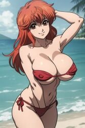 ai_generated bandeau_bikini bastard!! bikini ginger_hair hand_in_thong huge_breasts large_breasts long_hair micro_bikini red_bikini red_eyes red_hair shounen_jump smile tia_noto_yoko underboob