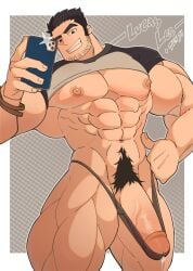 1boy abs artist_name bara bare_pectorals black_hair black_shirt character_name clothes_lift erection facial_hair gay gay_male highres holding holding_phone large_pectorals lucas_lee male_focus male_only male_pubic_hair male_underwear muscular muscular_male navel nipples pectorals penis phone pubic_hair scott_pilgrim scott_pilgrim_takes_off shirt shirt_lift short_hair smile solo solo_male teeth ten_g89 tenji_(ten_g89) thick_thighs thighs two-tone_shirt underwear white_shirt