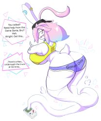 1boy 1femboy anthro artist_request blue_hair busty_boy femboy gameboy genie ghost_tail large_ass large_breasts male male_only male_with_breasts peanut_butter_(theycallhimcake) pink_eyes pink_hair rabbit rabbit_ears simple_background tagme tank_top what white_fur wide_hips