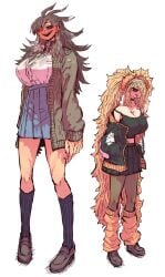 2girls big_breasts blonde_hair blush breasts button_down_shirt crop_top grey_hair haibara_enako headgear jacket leggings long_hair long_sleeves red_eyes sharp_claws sharp_teeth shishido_kurune shoes skirt socks tagme taller_girl zyugoya