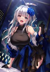 :d armpits black_dress black_gloves blue_eyes blush bow breasts cenangam coat coat_on_shoulders collar collarbone dress dress_lift fishnet fishnets flower_in_hair garter_belt girls'_frontline gloves hair_ribbon heterochromia looking_at_viewer mdr_(girls'_frontline) multicolored_hair open_mouth ponytail red_eyes silver_hair standing streaked_hair white_hair