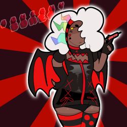 1boy :/ artist_name artist_signature bat_wings blush_lines bulge circle_eyebrows cleavage cleavage_cutout clothed cross_necklace curly_hair dark-skinned_femboy dark-skinned_male dark_skin demon_wings femboy fingerless_gloves frown gijinka glaring half-closed_eyes hand_on_hip heart heart_stickers highlights holding_object human humanization humanized looking_at_viewer mismatched_gloves mismatched_legwear multicolored_hair my_singing_monsters nipples piercing piercings red_background red_highlights scene_hair sheer sheer_clothing simple_background solo solo_focus solo_male striped_legwear syringe thick_thighs thighhighs thighs toony twink white_eyes white_hair whiz-bang