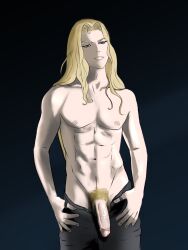 3/4_view adonis_belt alucard_(castlevania) areolae barely_visible_balls belly_button bishonen black_pants blonde_hair blonde_hair_male blonde_pubic_hair castlevania castlevania_(netflix) dhampir full_color fully_retracted_foreskin glans going_commando grey_eyes half_clothed hi_res long_hair_male lulubright69 male_only muscular_male nipples pale-skinned_male pale_skin penis pubes pubic_hair pulling_down_pants solo solo_male tagme topless topless_male treasure_trail uncensored uncensored_penis vampire