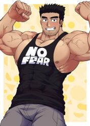 bara black_hair blush facial_hair flexing fully_clothed lucas_lee male male_only muscles muscular scott_pilgrim solo solo_male tank_top tofuboyz