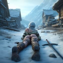 ai_generated ass ciri dat_ass female lying_down lying_on_stomach no_pants prone scar snow solo sword the_witcher_(series) the_witcher_3:_wild_hunt village white_hair witcherzonensfw wounded