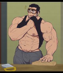 balls bara black_hair bulge facial_hair glensaru lucas_lee male male_only muscles muscular no_visible_genitalia safety_goggles scott_pilgrim solo solo_male sweatpants tank_top tank_top_lift