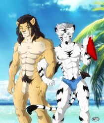 anthro big_muscles big_penis black_hair blue_clothing blue_sky blue_speedo blue_swimwear blush bulge clothed clothing cloud duo eye_contact felid flaccid freccia_(whitetigercub) from_behind_position fur genitals green_eyes hair island kodiak079 kodiak_(kodiak079) landscape lion long_hair looking_at_another male male/male mammal muscular nude palm_tree pantherine penis plant pubes red_clothing red_speedo red_swimwear sea seaside sex short_hair sky speedo sun swimwear tiger tree undressed water white_body white_fur white_hair white_skin whitetigercub