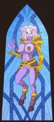 big_breasts blue_eyes draenei female functionally_nude gauntlets hooves horns nipple_piercing nipple_rings nipples pauldrons purple_skin pussy rivawi solo stained_glass stylized unconvincing_armor white_hair world_of_warcraft yrel