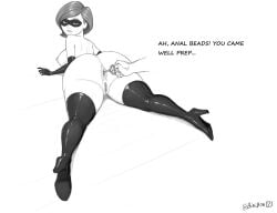 1girls anal anal_object_insertion anus anus_focus ass ass_focus binibon123 boots english_text from_behind gloves helen_parr inflatable_buttplug long_gloves mask masked_female object_in_ass prone solo solo_female tagme the_incredibles thigh_boots