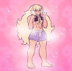 1boy abs blonde_hair blonde_hair_male blonde_male boxers boxers_(clothing) brown_nipples buff buff_male curly_hair cute_male feet full_body genderswap_(ftm) male male_focus male_only muscular muscular_male out_of_shower rule_63 sweaty tan_body toast_(bee_and_puppycat) towel_around_neck