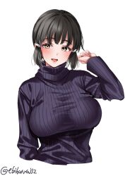 black_hair blush breasts brown_eyes cropped_torso ebifurya female hair_ornament hairclip hand_up highres kantai_collection large_breasts long_sleeves looking_at_viewer mature_female milf myoukou_(kantai_collection) one-hour_drawing_challenge open_mouth short_hair sidelocks simple_background smile solo sweater turtleneck turtleneck_sweater twitter_username upper_body white_background
