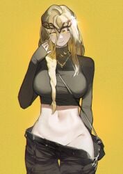 1girls big_breasts blonde_hair braid breasts elden_ring female female_only fromsoftware light-skinned_female light_skin miaojiangyou milf navel pants_down pants_pull queen_marika_the_eternal solo thick_thighs wide_hips 喵酱油
