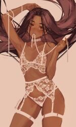 1girls arm_up armpits blush bra brown_eyes choker dark-skinned_female dark_skin demi_(nashidrop) female flat_chest garter_belt jewelry lace lace_trim lingerie midriff nashidrop original panties pearl_necklace petite purple_hair solo thighs underwear white_bra white_lingerie white_panties