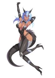 1girls armor armpits artist_request blue_hair dark-skinned_female detached_sleeves dragon_girl full_body heels horns kaiju large_breasts monster_girl one_leg_raised original purple_eyes scales serious sharp_nails sharp_toenails tail tiara ultraman white_background