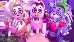 1boy 3d 3girls five_nights_at_freddy's five_nights_at_freddy's:_security_breach glamrock_chica_(ashleyorange) glamrock_chica_(fnaf) glamrock_mangle looking_at_viewer nobodyrly_(artist) peace_sign pov roxanne_wolf_(fnaf) roxanne_wolf_(x3milky) sfm