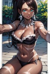 1girls ai_generated big_breasts black_hair black_hair_female costemania dark-skinned_female dark_skin forehead_jewel gem_on_forehead jewel_on_forehead league_of_legends nidalee ponytail ponytail_female riot_games sitting skimpy skimpy_clothes skimpy_costume skimpy_outfit smile solo solo_female solo_focus tribal_markings tribal_tattoo tribal_tattoos