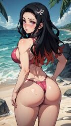 1girls ai_generated ass ass_focus beach big_ass big_breasts bikini black_hair blush breasts bubble_butt demon_slayer female female_only huge_ass kamado_nezuko kimetsu_no_yaiba long_hair looking_at_viewer looking_back nezuko_kamado pink_eyes round_ass thick thick_ass thick_thighs water