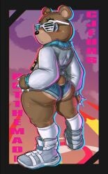 1boy 2023 anthro_male artist_name ass bear brown_fur bulge butt cjfurs claws clothed dropout_bear eyelashes eyewear eyewear_on_head femboy footwear furry furry_male furry_only girly jacket kanye_bear kanye_west looking_at_viewer looking_back looking_back_at_viewer mammal shoes shorts skimpy socks solo solo_male standing wide_hips